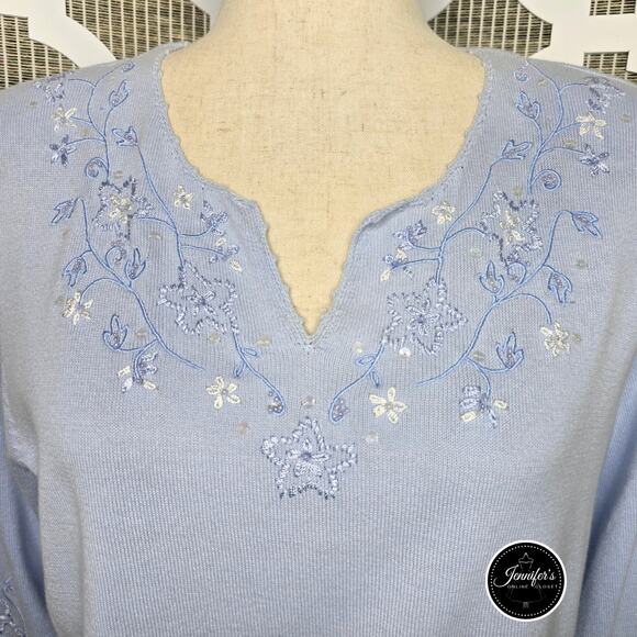 Christopher & Banks Light Blue Embroidered and Beaded 3/4 Sleeve Sweater Size S - Picture 4 of 12